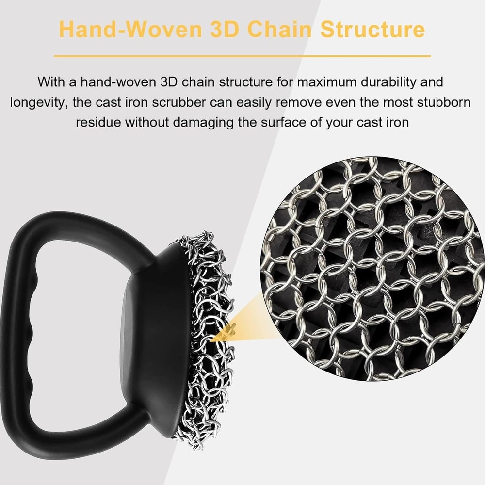 Cast Iron Chainmail Scrubber Cleaner with Handle