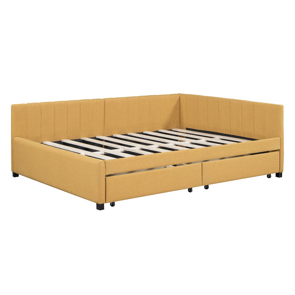 Full Size Daybed Upholstered Bed Frame Sofa Bed w/ 2 Storage Drawer Yellow