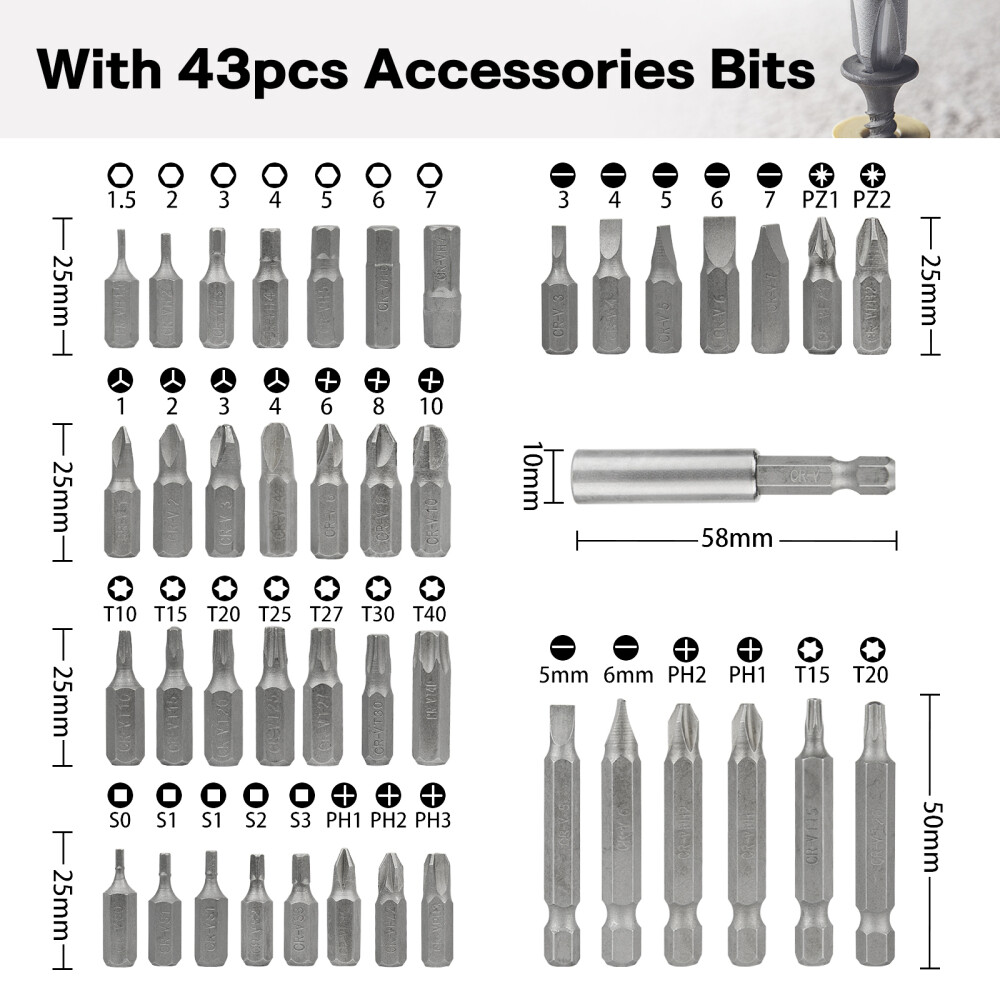 45IN1 Cordless Electric Screwdriver Rechargeable Drill Driver Power Tool Bit Set