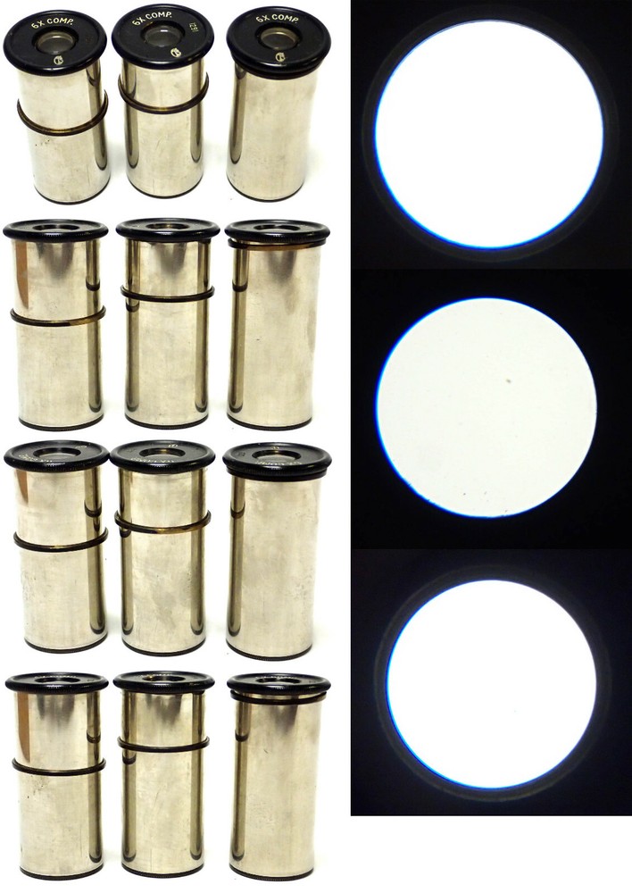 CTS ASSORTED MICROSCOPE EYEPIECES 4X, 6X, 10X COMP & 10X KELLNER w/ BOX, 10PCS