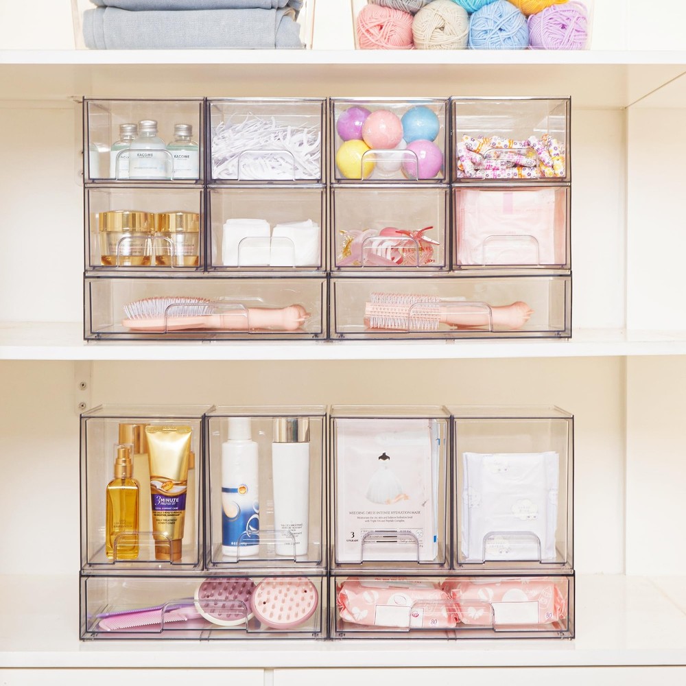 7.6" H Clear Stackable Storage Drawers 2 Pack Plastic Organizers Bins for Ski...