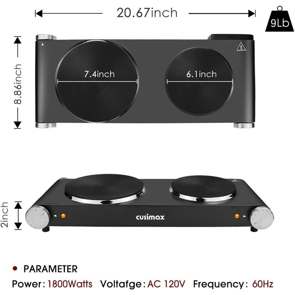 Double Hot Plates Electric Burner 1800W with Adjustable Temperature Control