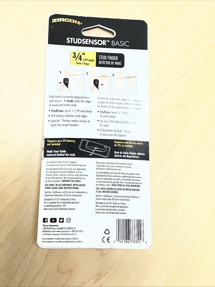 Zircon StudSensor Basic SL Stud Finder Wood & Metal Studs 3/4" Deep Scan