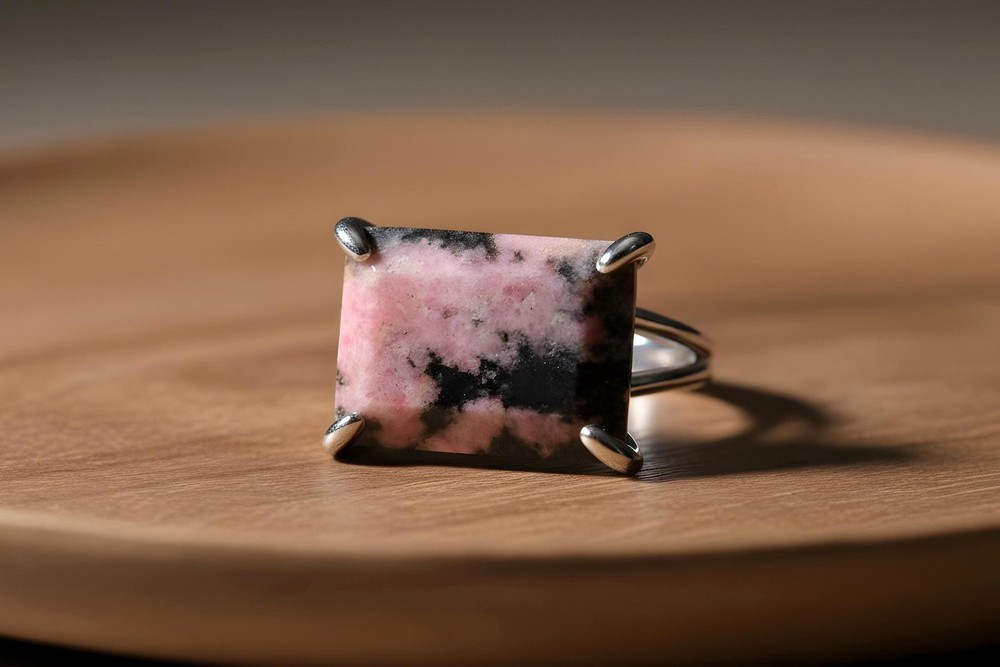 Rhodonite Rectangle Ring Anemone 14k Gold Emerald Cut Double Band