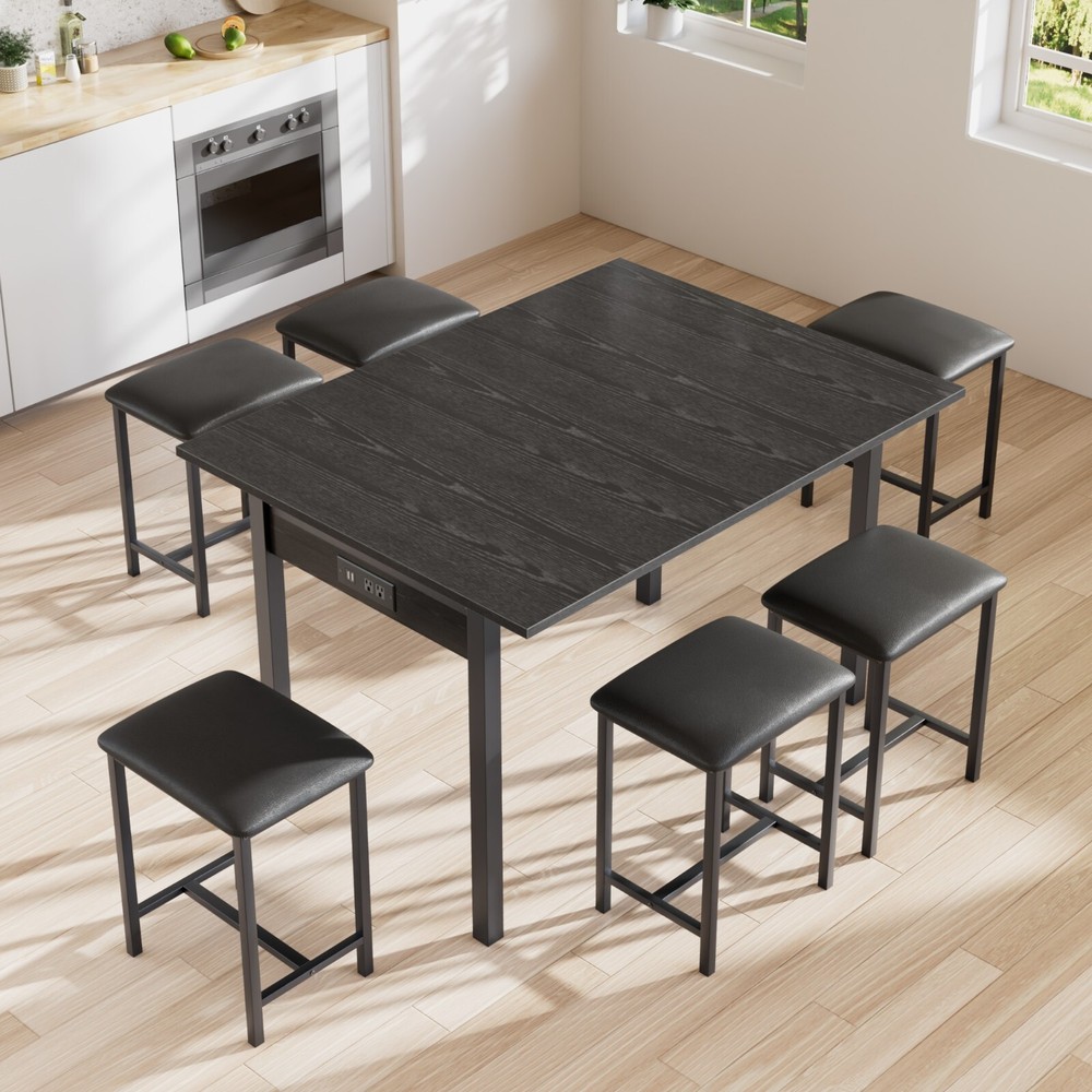 Extendable Dining Table Set with USB Charging, Kitchen Table with 6 Stools Black