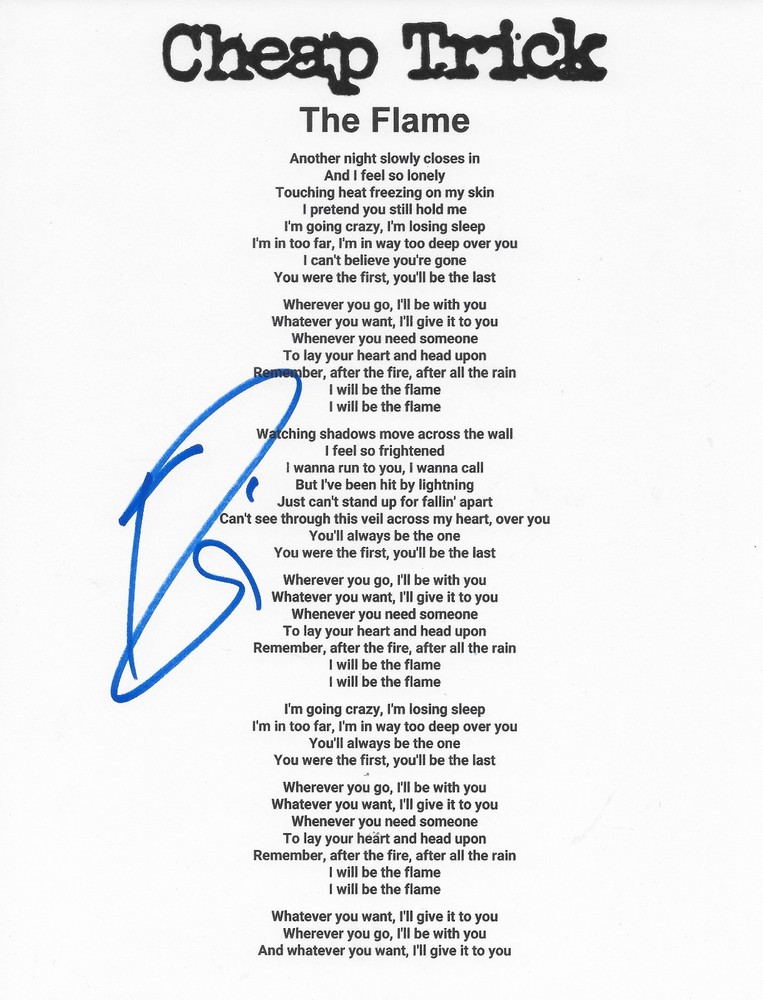 Robin Zander Signed Cheap Trick The Flame Lyrics Sheet COA Proof Autographed
