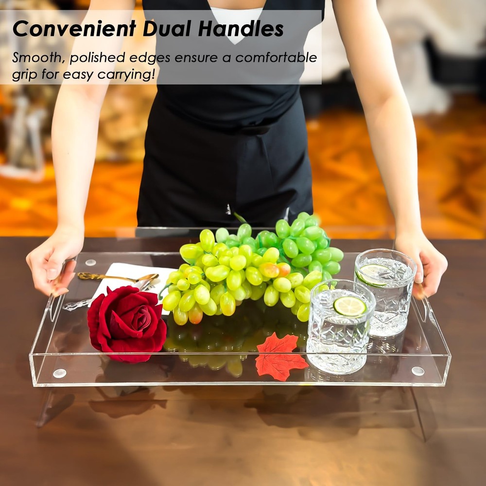 Collwait Acrylic Serving Tray with Handles, Extra Large Rectangular Tray for Ser