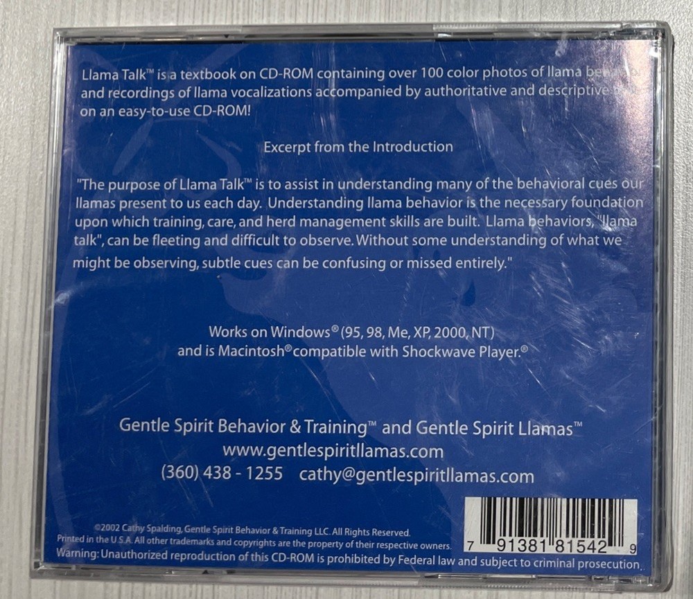 Llama Talk CD ROM Understanding Llama Behavior Training Software Windows 95 XP