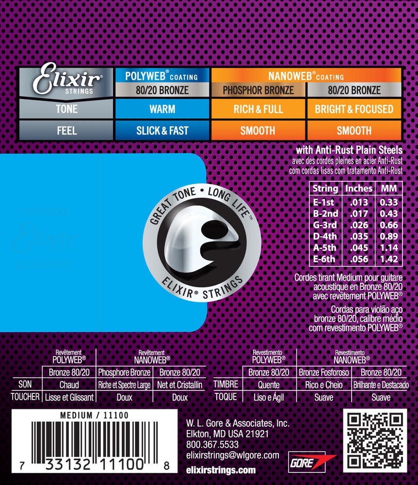 Elixir® Strings 11100 80/20 Bronze Acoustic Guitar Strings w POLYWEB® Coating