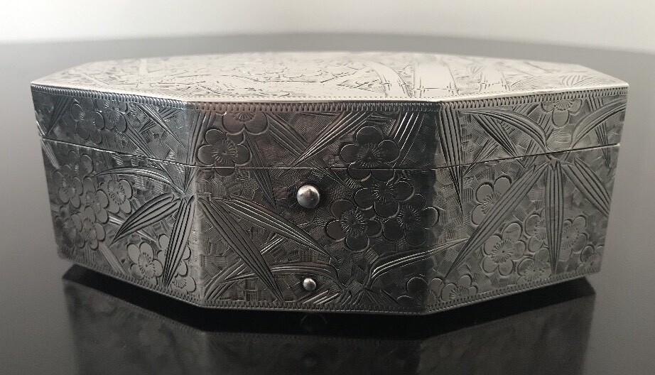Japanese Solid 950 Sterling Silver Eight Sided Box Rare Hand Hammered