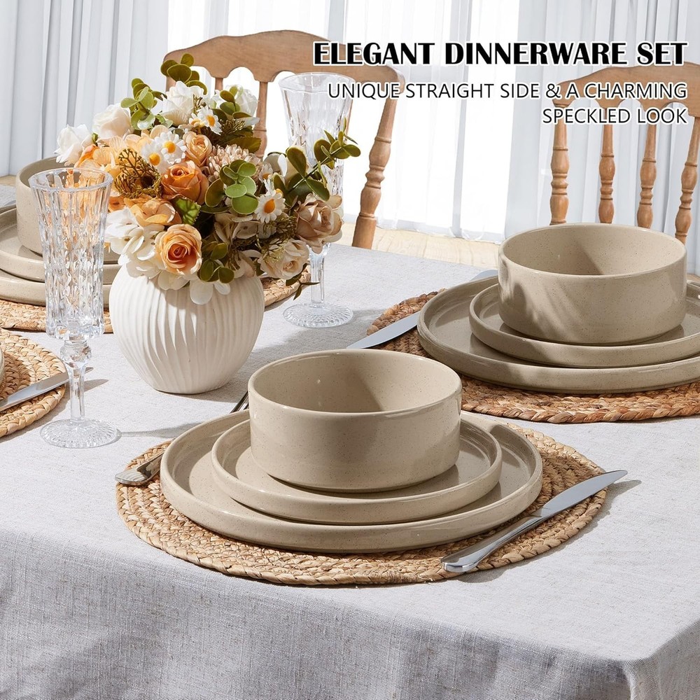 12Pc Stoneware Dinnerware Set for 4 Speckled Khaki Plates Bowls