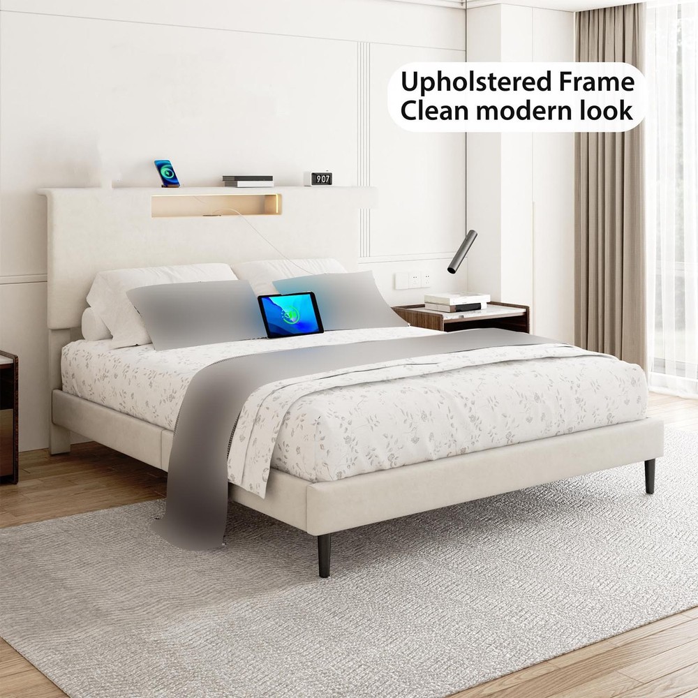 Upholstered Platform Bed Large Size Frame With LED Light And Charging Function