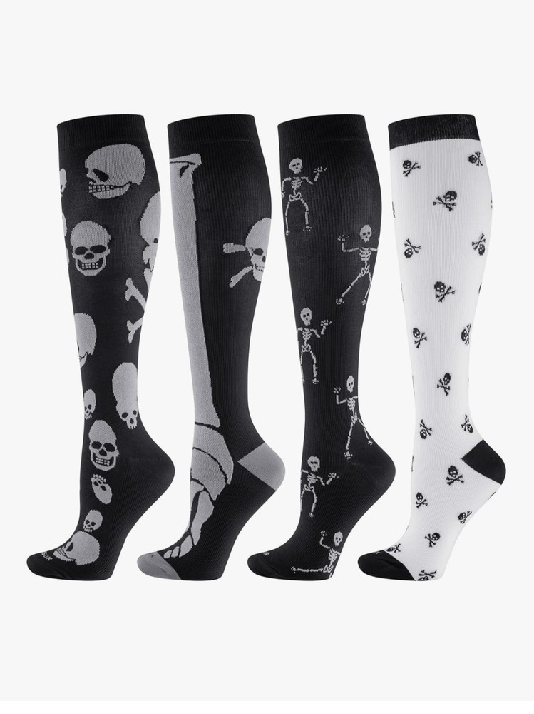 XOSOX Skull Skeleton Pattern Compression Socks Medium Black White Gray