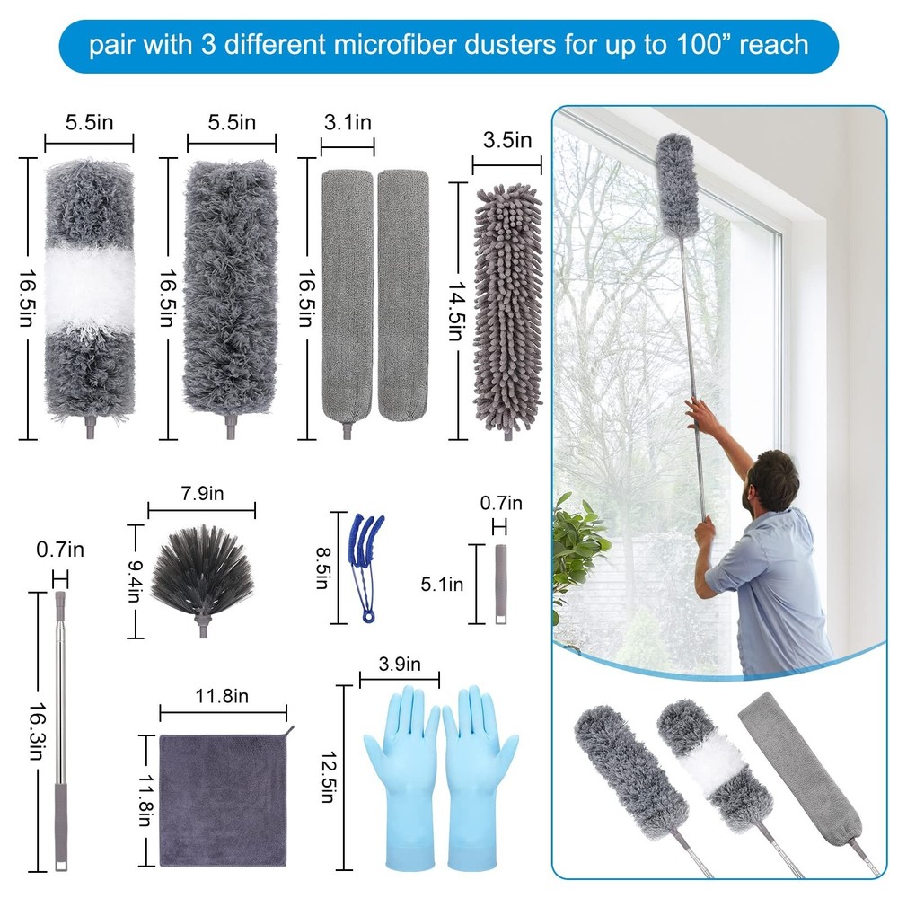 Microfiber Extendable Feather Duster (11pcs) with 100" Extension Pole, Washab...
