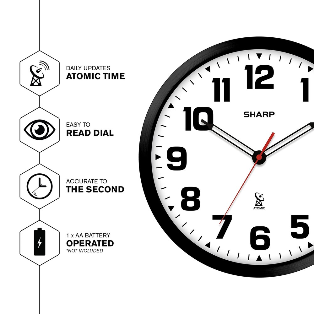 Sharp Atomic Analog Wall Clock - 12" Black Stylish Frame - Sets Automatically- B