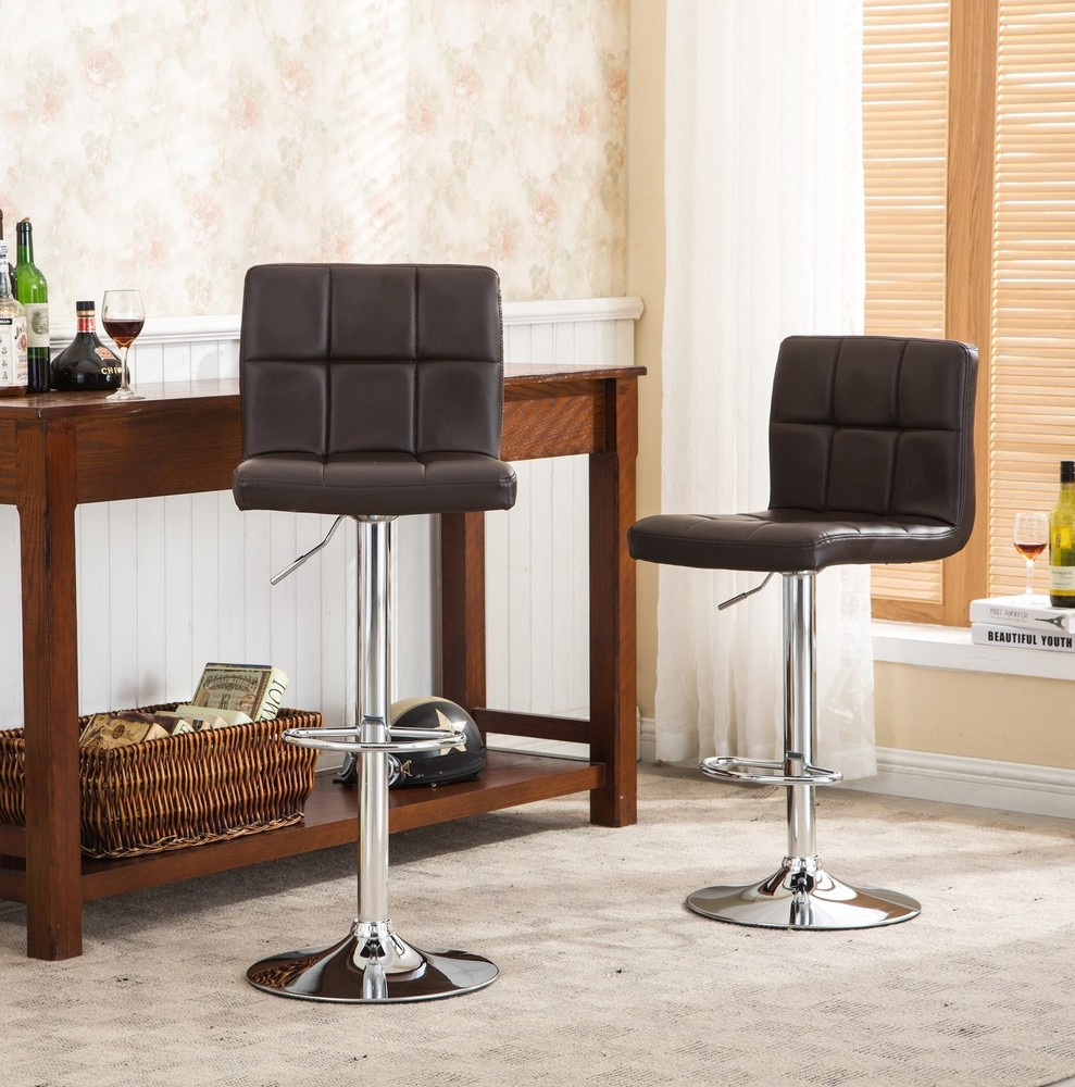 Faux Leather Adjustable Hydraulic Bar Stool, Set of 2, Brown