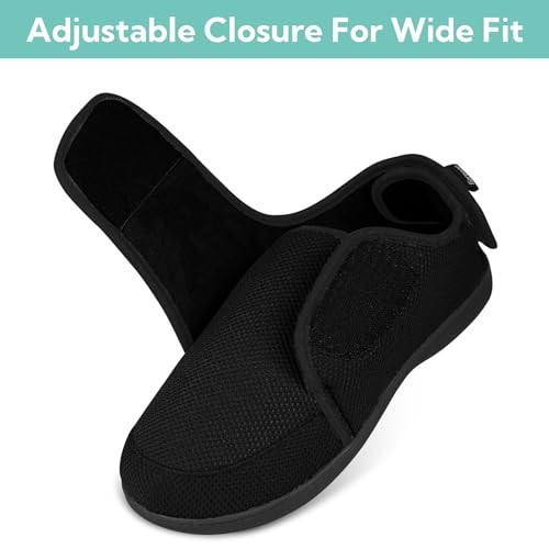 Men's Diabetic Wide Width Adjustable Slippers with Memory Foam and 10 Black