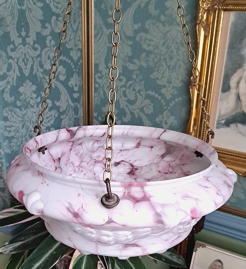 ANTIQUE FLY CATCHER CEILING LIGHT RASPBERRY PINK MARBLED GLASS SHADE & CHAINS