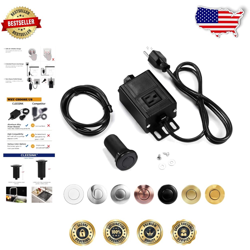 LONG 3.5" Garbage Disposal Air Switch, Secure Black Aluminum,  Tested