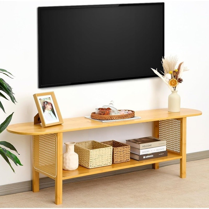 Bamboo TV Stand Rattan Design Ample Storage Multi-Functional Easy Assembly New