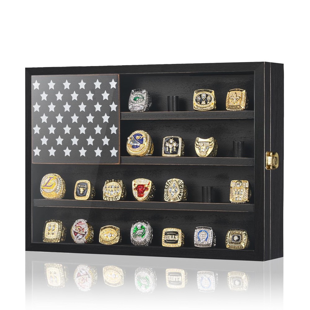 Championship Ring Display Case with 22 Posts - Solid Wood - Wall Mo... Fast Ship