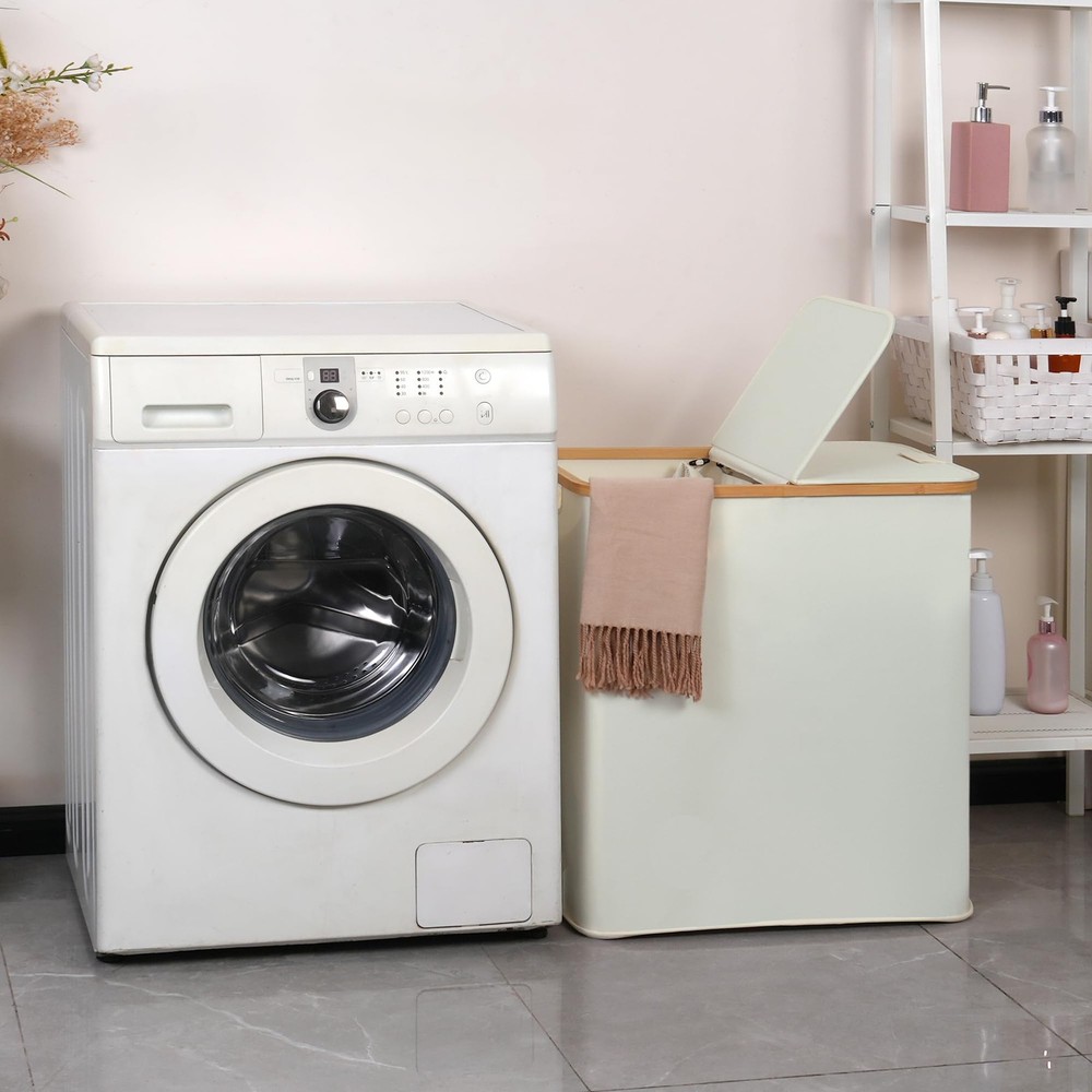 Laundry Hamper with Lid, Double Laundry Hamper with 2 Removable Bags, 2 Secti...
