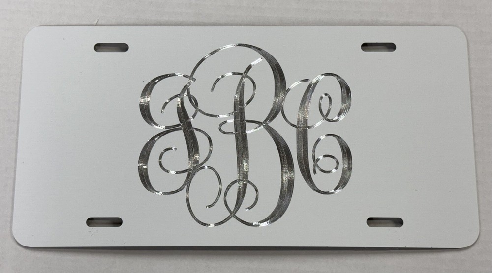 Engraved Custom Personalized Monogram Diamond Etched White License Plate Car Tag