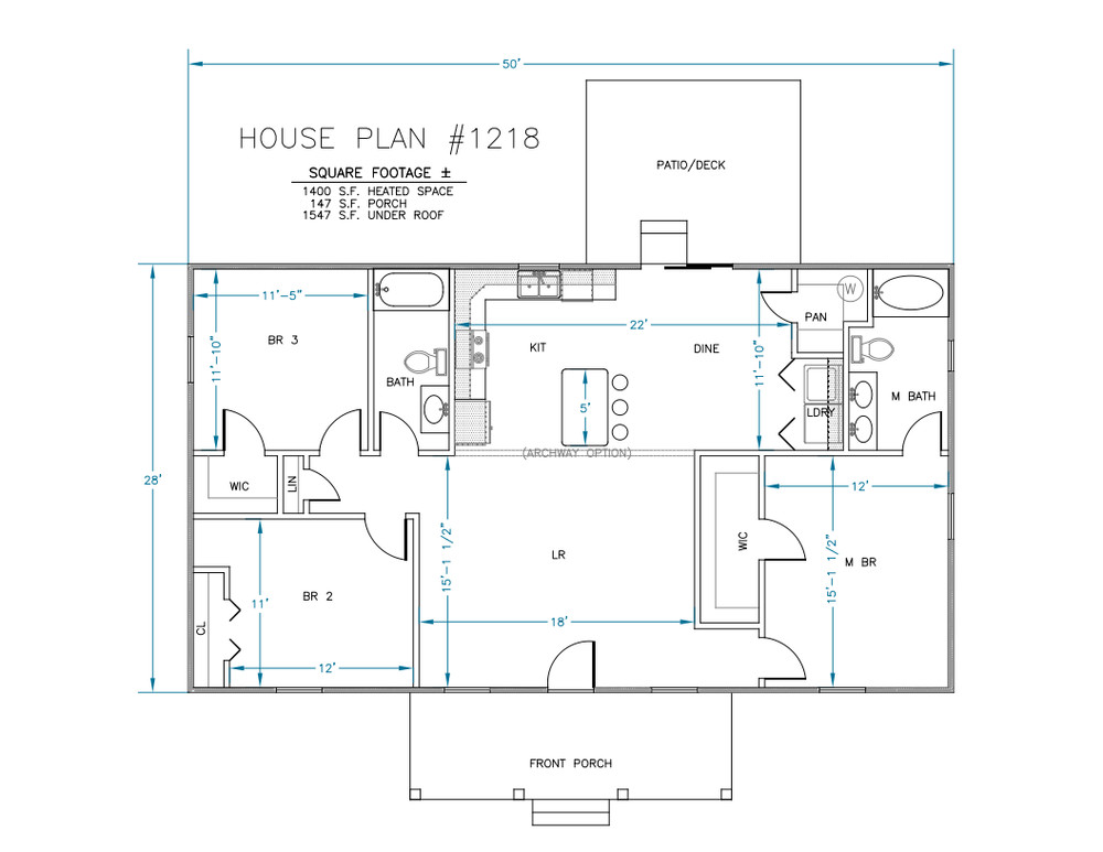 Ranch House Plans 1400 SF 3 Bed 2 Bath Open Floor - Split BR (Blueprints) #1218