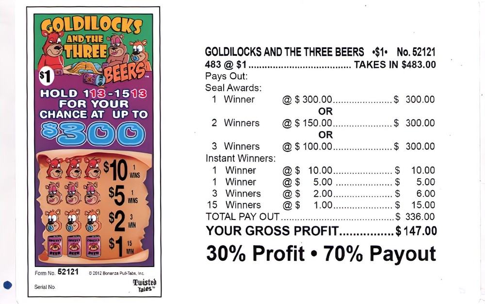 Pull Tab Ticket - Hard Card Tickets - Game - Goldilocks & the three Beers