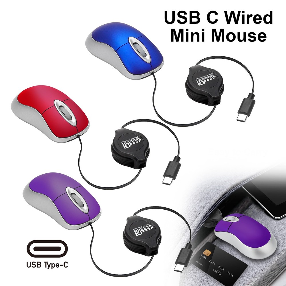 USB C Optical Mouse Mini Wired Mice w/ Retractable Cable for PC Computer Laptop