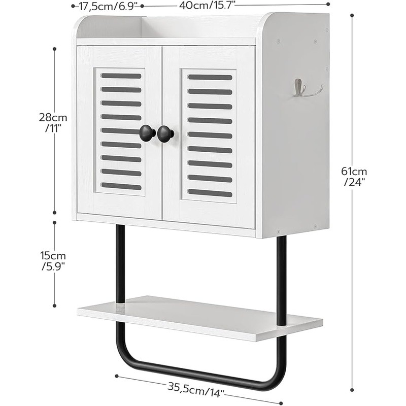 Wall Mounted Bathroom Storage Cabinet Adjustable Shelf Hooks Shutter Design New