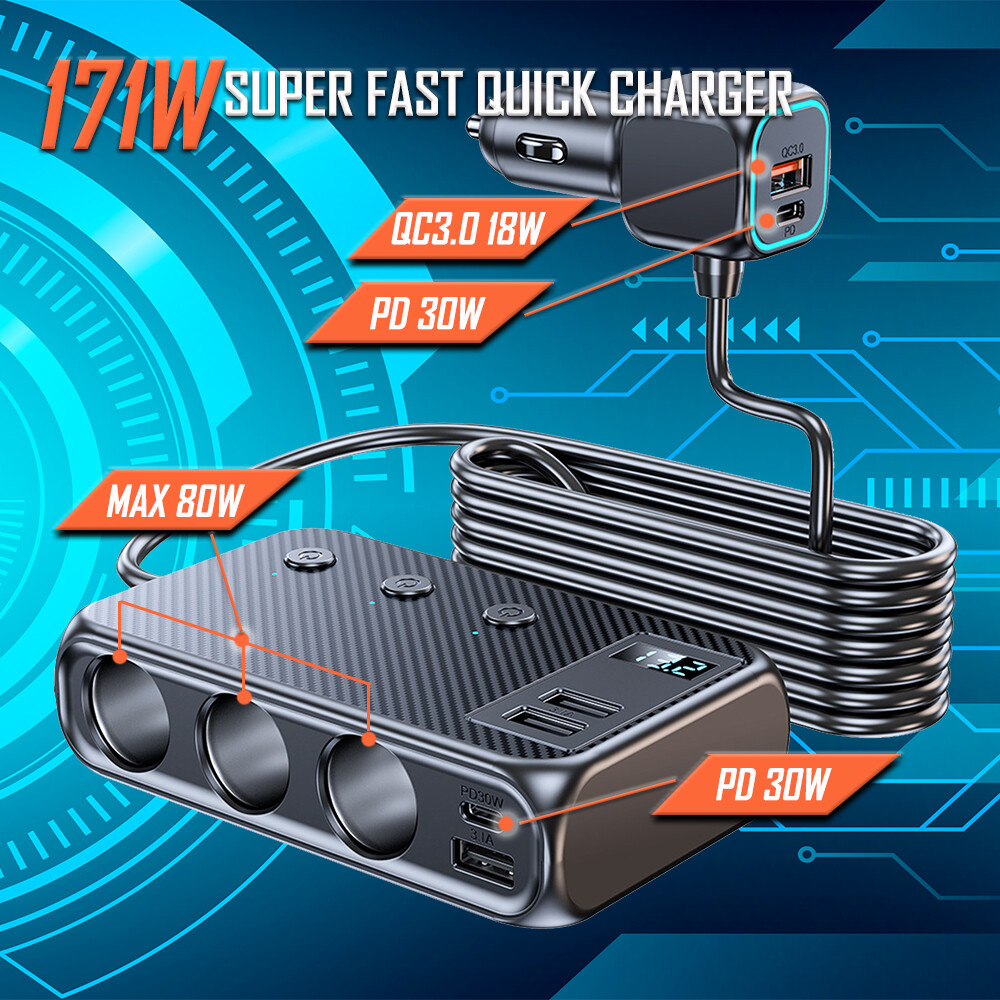 Multi Car Cigarette Lighter Socket Expander Splitter USB C Power Adapter Charger