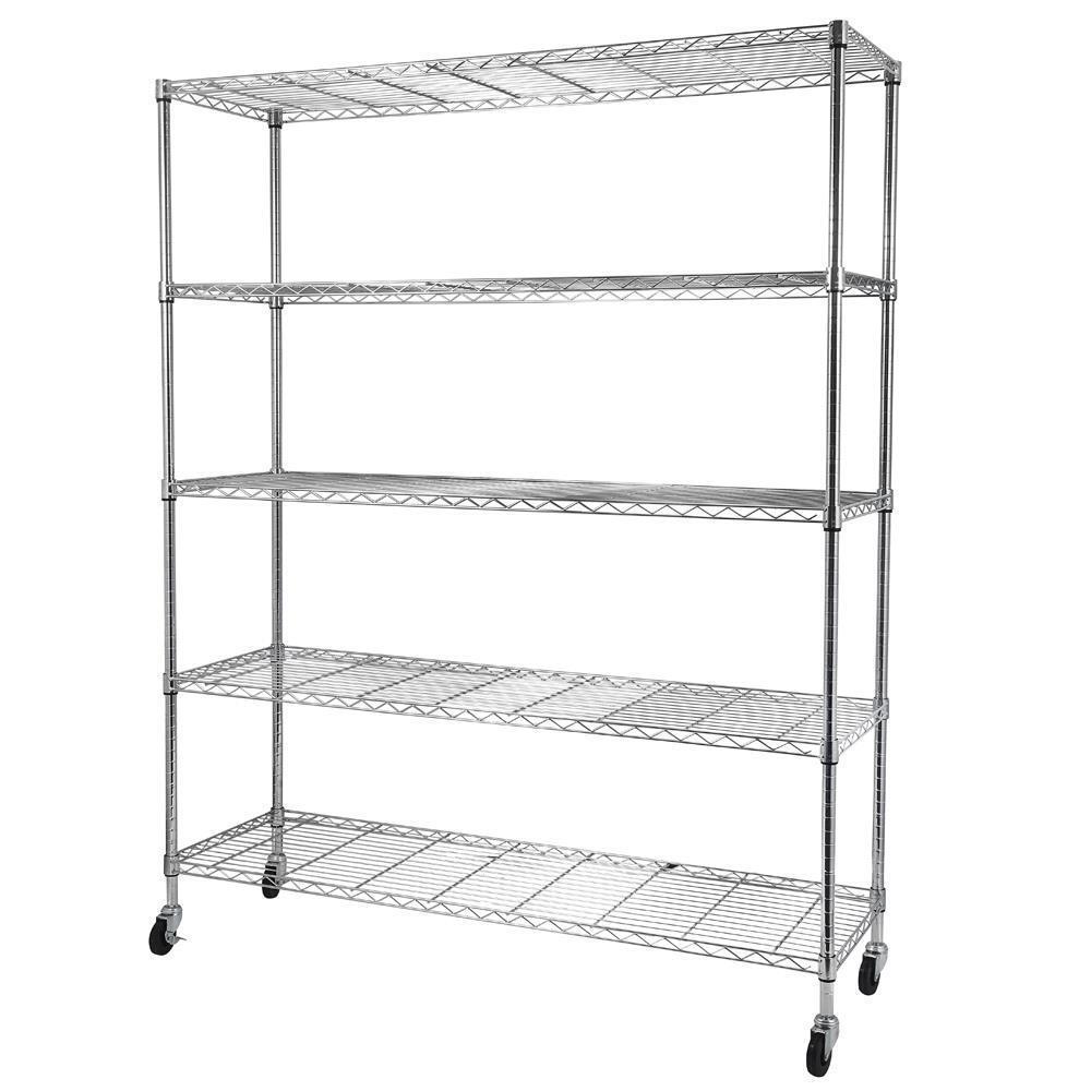 5 Tier Wire Rolling Shelving Unit on Wheels Adjustable Storage Rolling Wire Rack