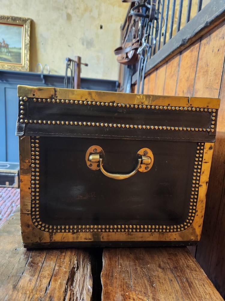 Antique Black Brass Rivetted Wooden Solid Trunk.