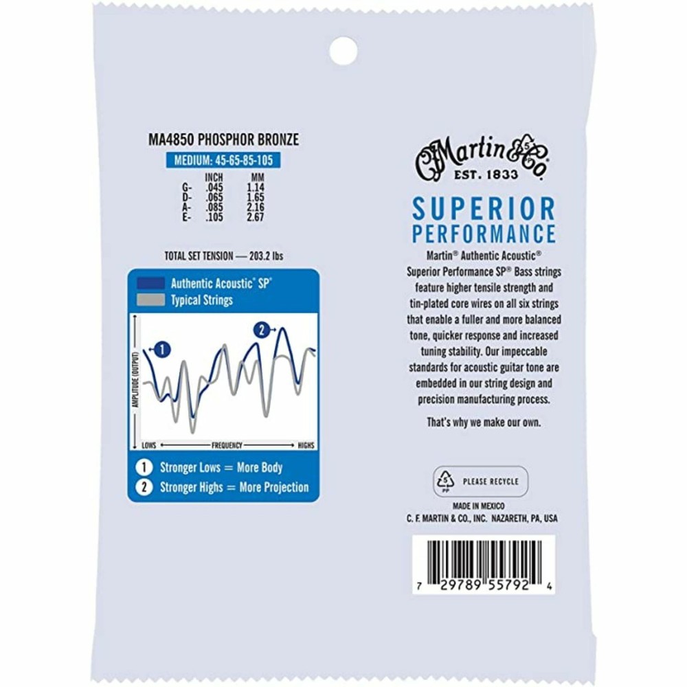 Martin MA4850 Authentic Acoustic SP Phosphor Bronze Bass Guitar Strings, Medium