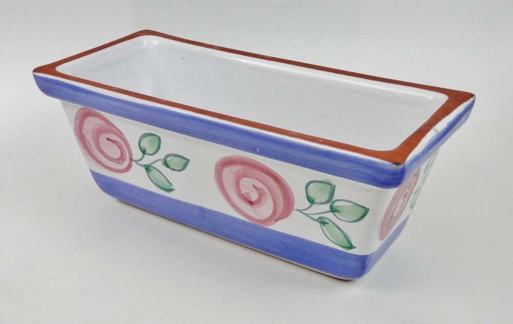 Vintage Clay Pottery Floral Rectangular Planter Blue Pink Green