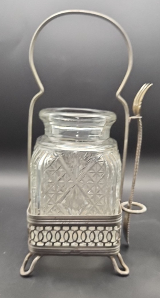 Rustic Victorian Pickle Castor - Pressed Glass, Metal Stand & Silver Plate Fork