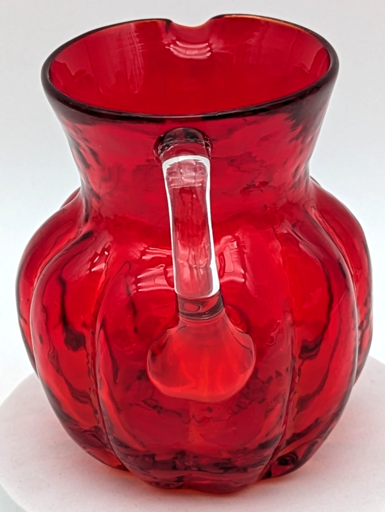 Hand Blown Ruby Red Art Glass Creamer Applied Clear Handle Melon Shape