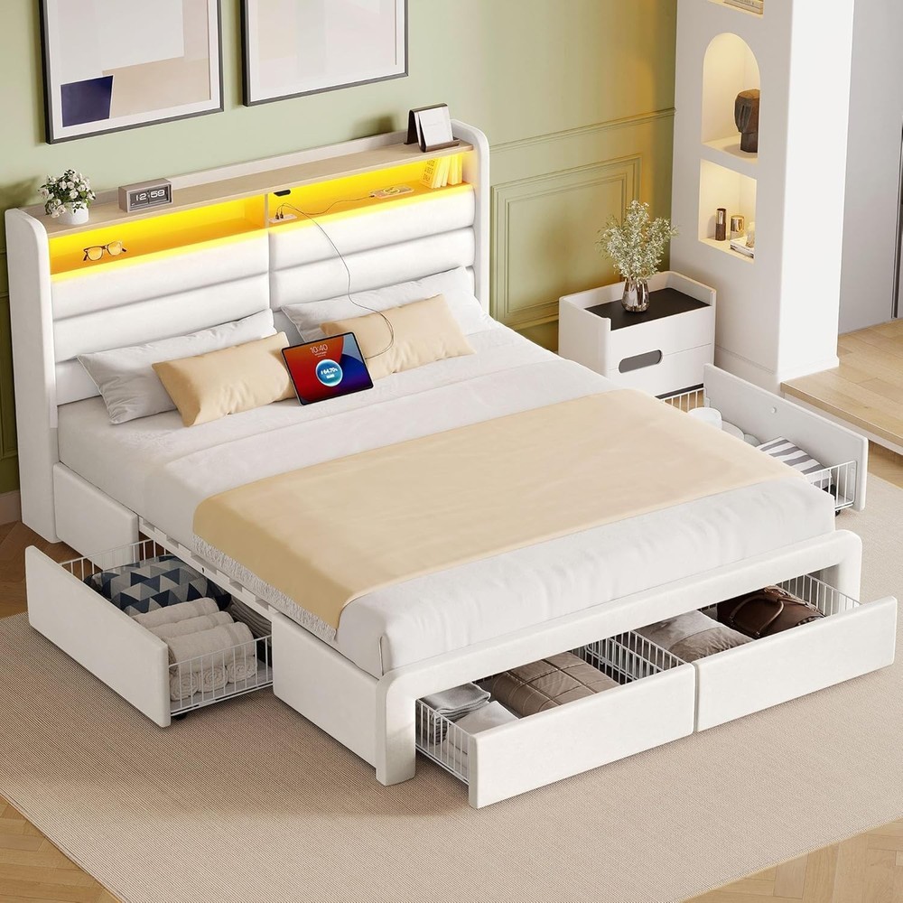 Queen Size Bed Frame with 4 Storage Drawers & LED Lights