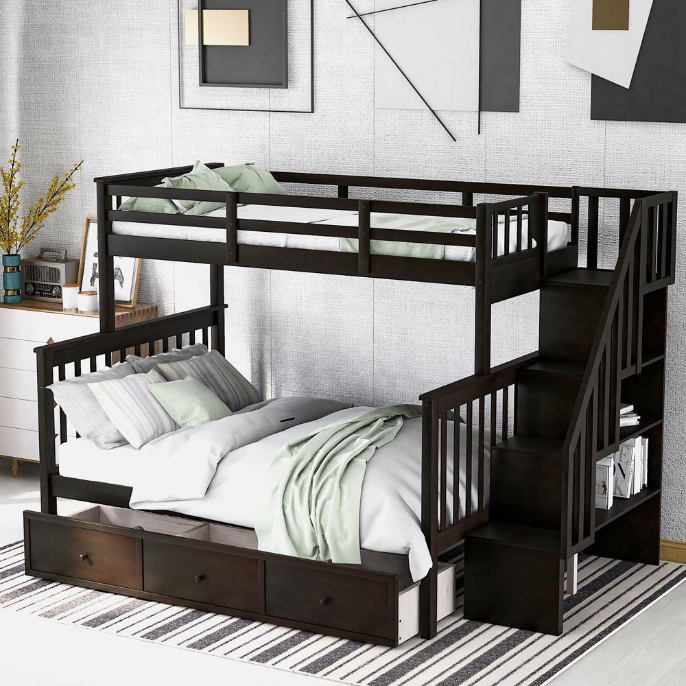 Maximized Storage Space Stairway Twin-over-Full Bunk Bed Espresso
