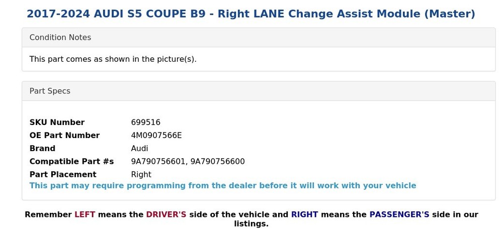2017-2024 AUDI S5 COUPE B9 - Right LANE Change Assist Module (Master)