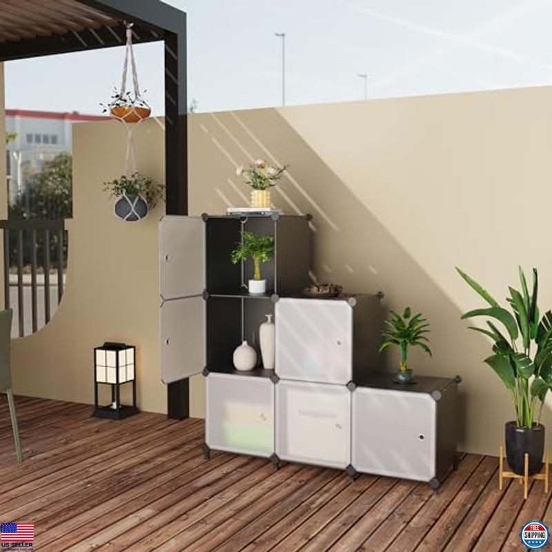 ATTSL6001 Black 6-Cube Storage Organizer - Stackable Plastic Shelves with Doors