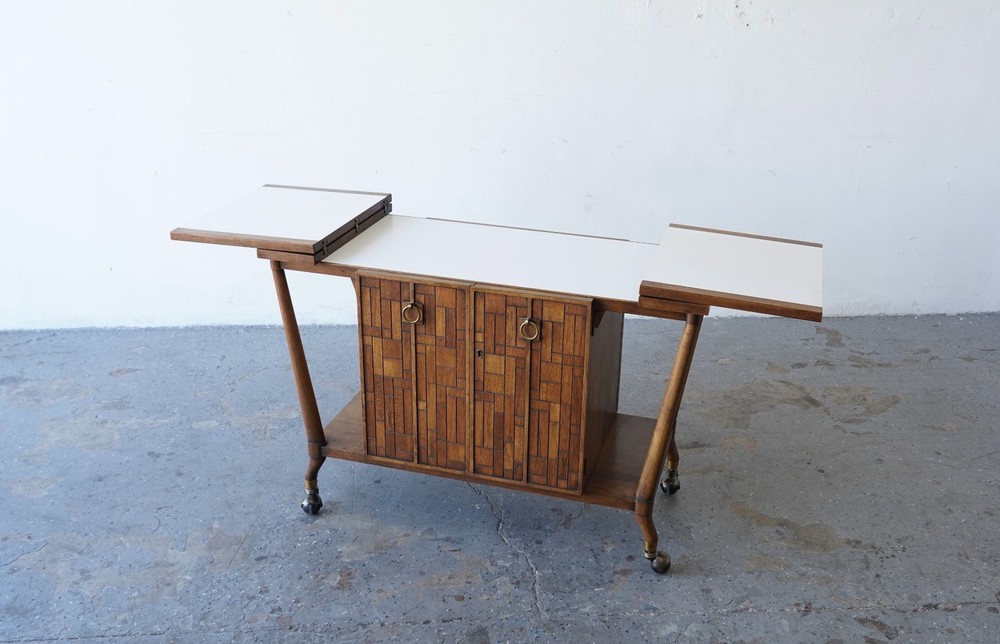 Bert England Brutalist Forward Trend Drop-Leaf Bar Cart / Serving Cabinet