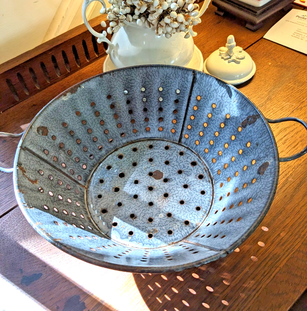 Antique Graniteware Colander Enamelware Strainer Rustic Primitive Farmhouse