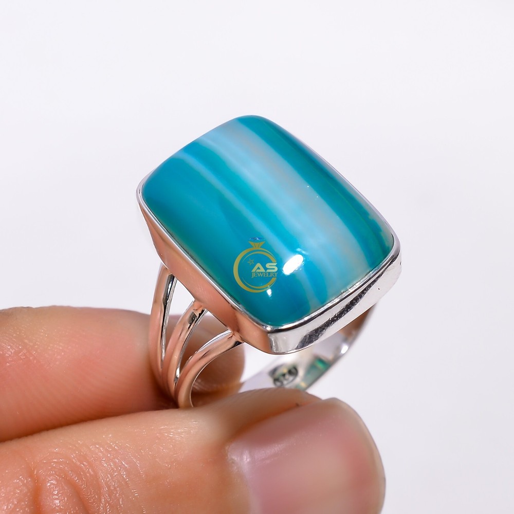 Blue Banded Agate Ring Blue Stone Ring 925 Sterling Silver Statement Boho Rings