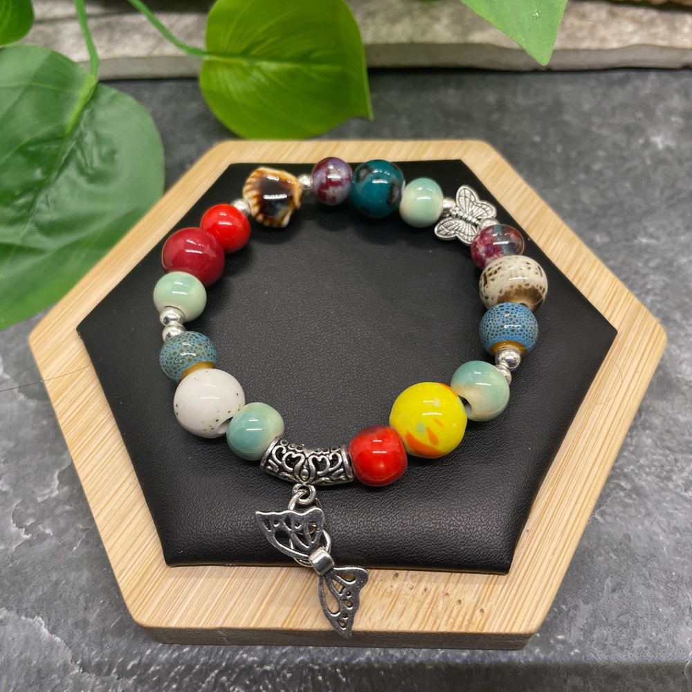 Handmade Ceramic Bead Beaded Stackable 6.25” Plus Stretch Bracelet New B488