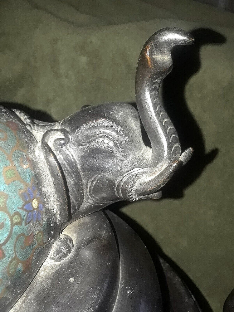 OLD CHINESE CLOISONNE 16" COVERED INCENSE/CENSOR◇7 FIGURAL ELEPHANTS◇MARKED◇A+