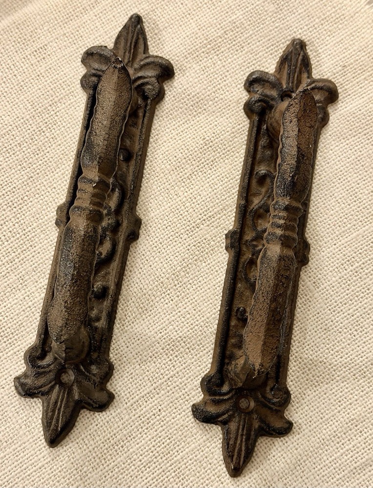 2 Large Victorian Door Handle Pull Cast Iron Fleur De Lis Design Rustic Gothic