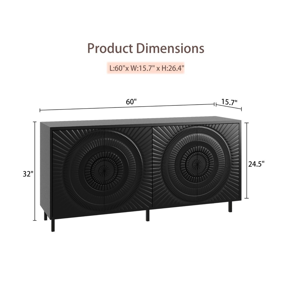 Modern Black Sunburst Wood Sideboard Buffet Accent Storage Cabinet Console Table