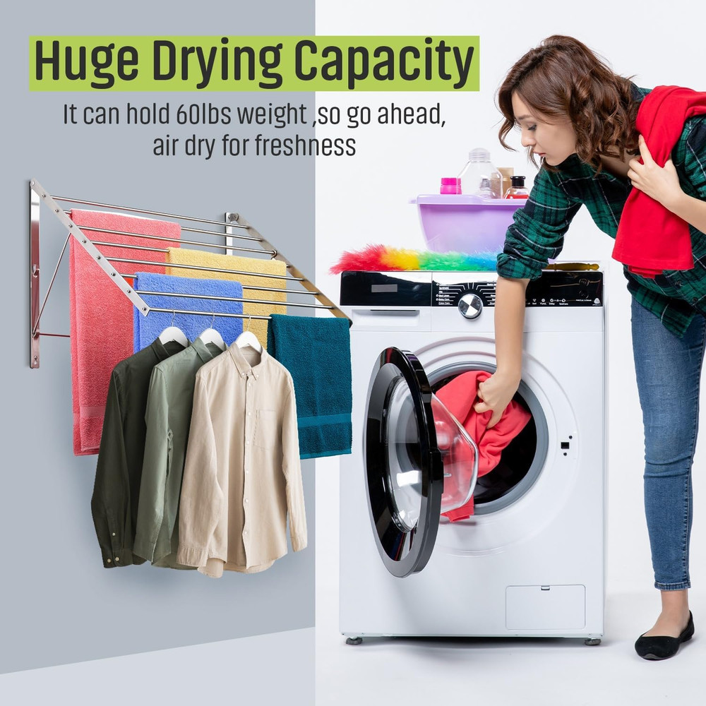 Wall Mounted Clothes Drying Rack - 30" Wide, 20ft Capacity, Sturdy Design